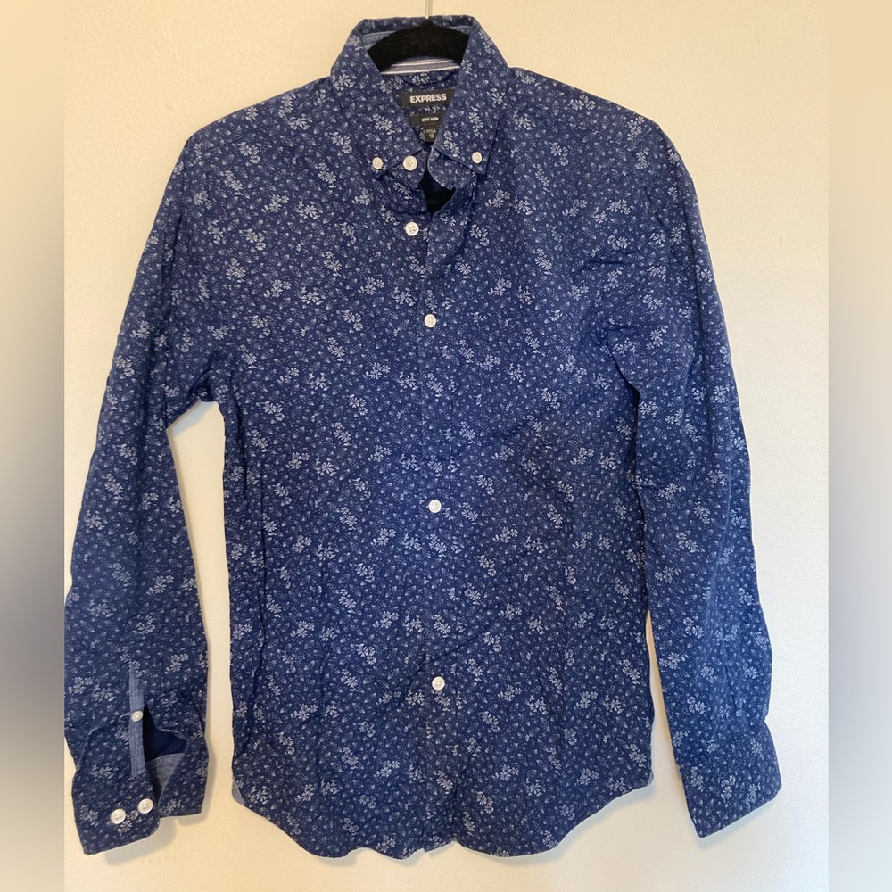 Express Men’s Patterned Button Down Blue Silver Size XS
